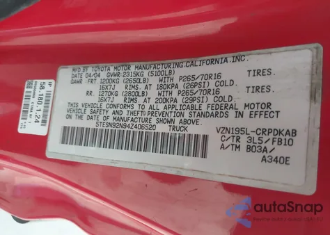 2004 Toyota Tacoma Prerunner V6 из США, поврежденный, VIN 5TESN92N94Z406520